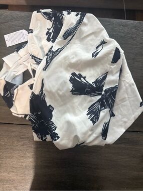 White House Black Market White Top with Navy Floral Print